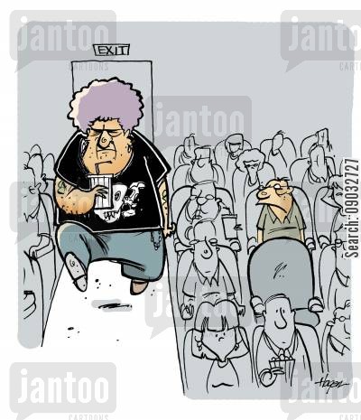 Huge, tough guy going to sit in front of little man at movie theater.